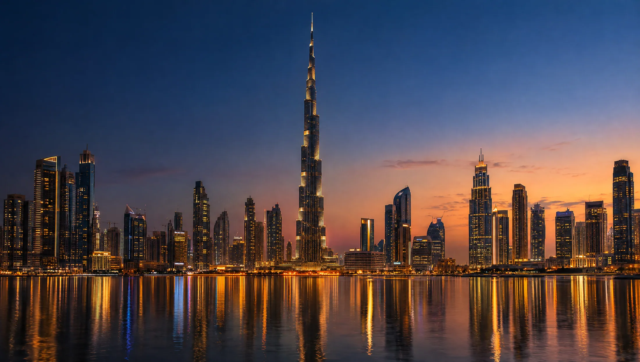Skyline von Dubai in der Abenddämmerung