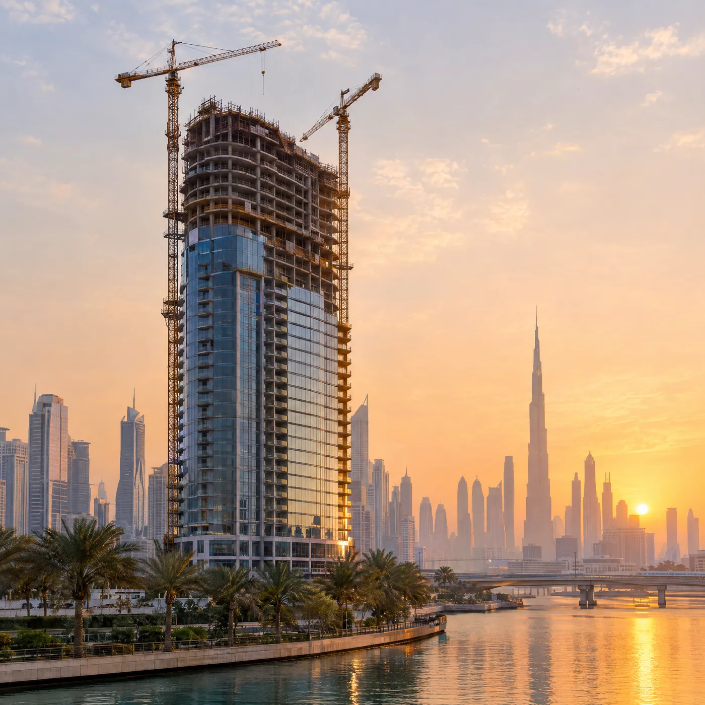Wohnturm im Bau vor der Skyline von Dubai